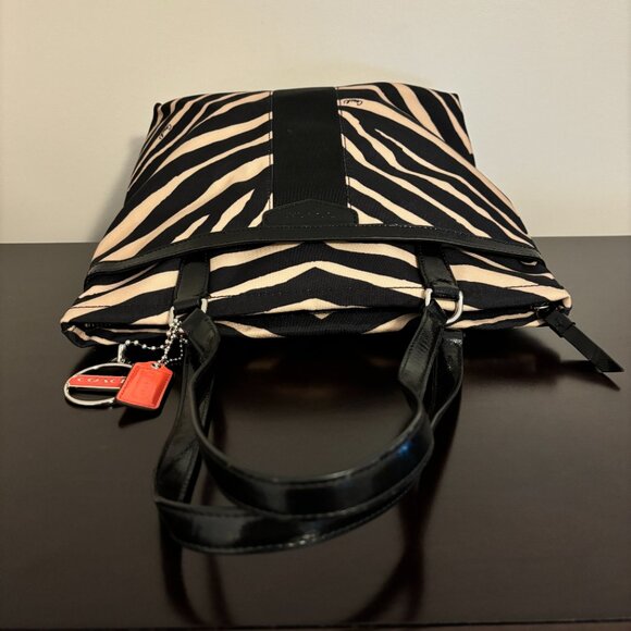 Coach Black & Tan Zebra Print Canvas Black Patent Leather Tote - Picture 5 of 10
